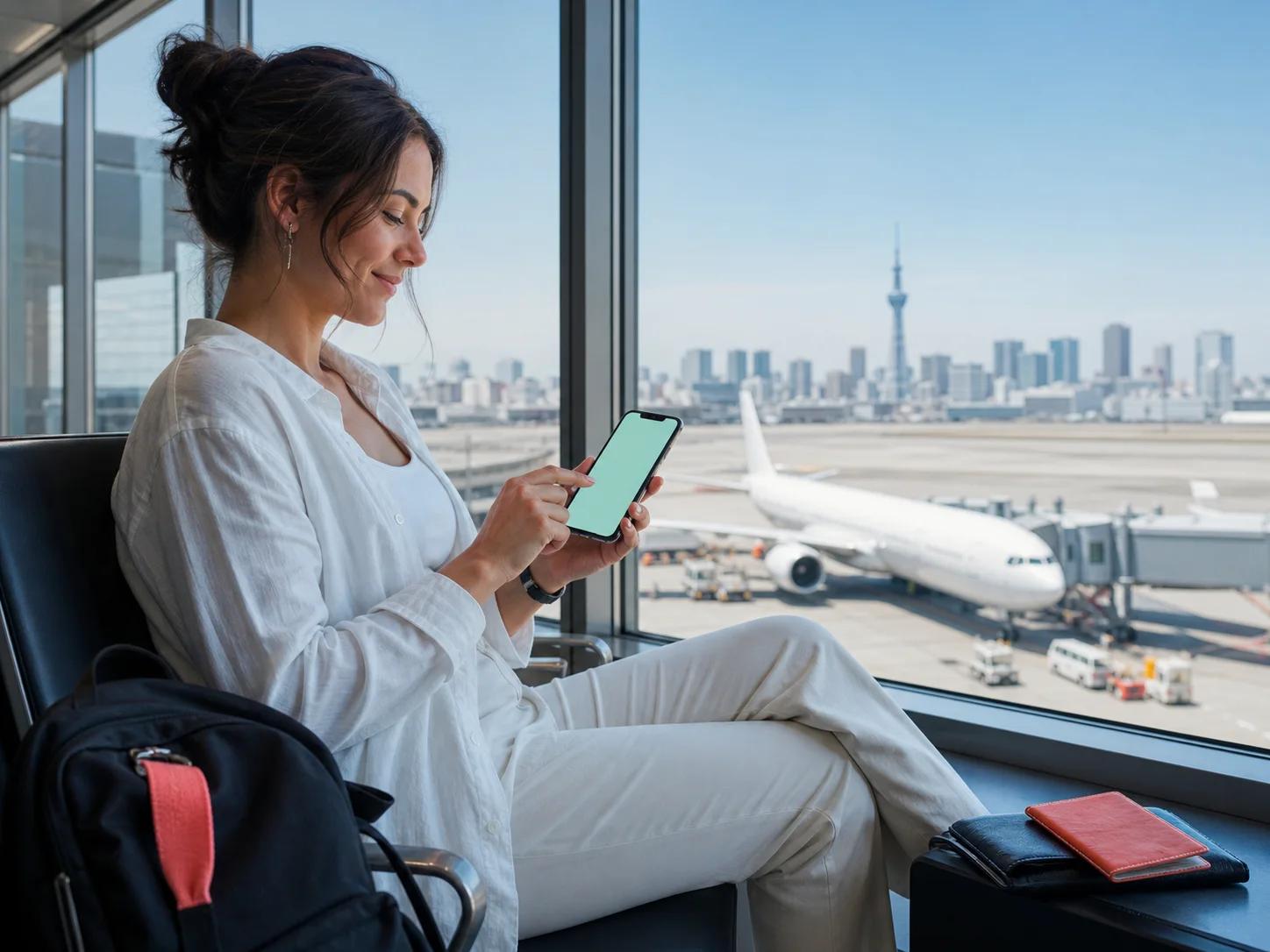 Viajera activando una eSIM en su móvil desde un aeropuerto
