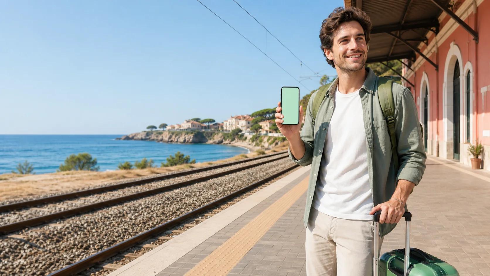 Viajero con un teléfono preparado para activar una eSIM junto a una estación costera