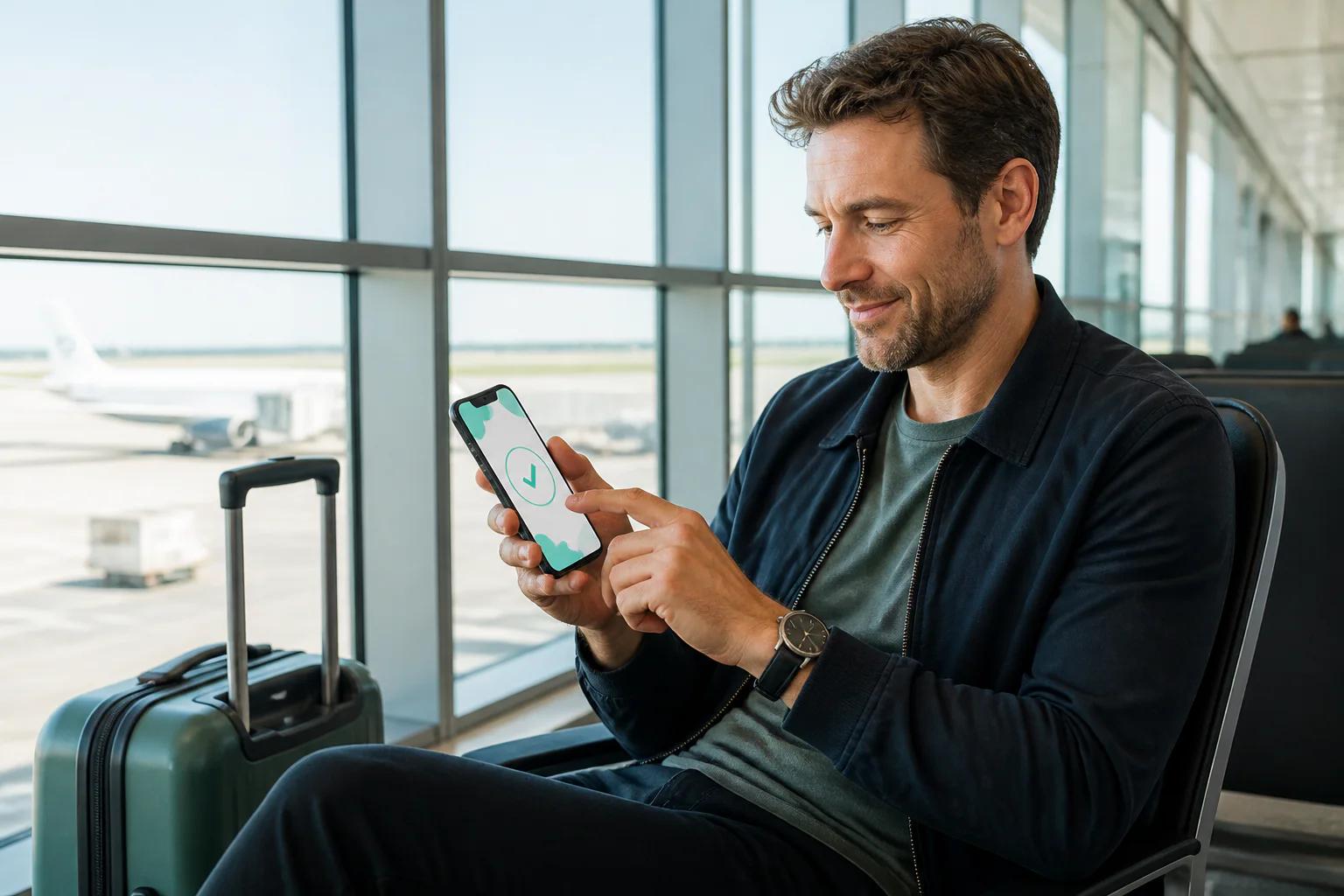 Viajero activando una eSIM Fylo antes de volar