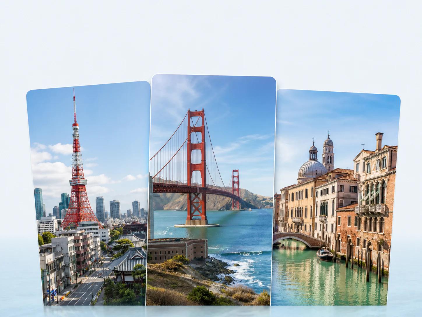 Postales fotográficas de Tokio, San Francisco y Venecia para elegir una eSIM Fylo