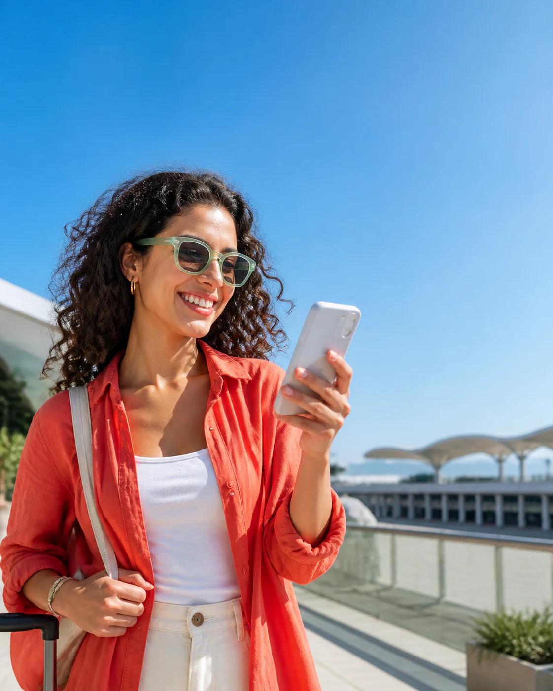 Viajera consultando su eSIM Fylo desde el teléfono antes de iniciar el viaje