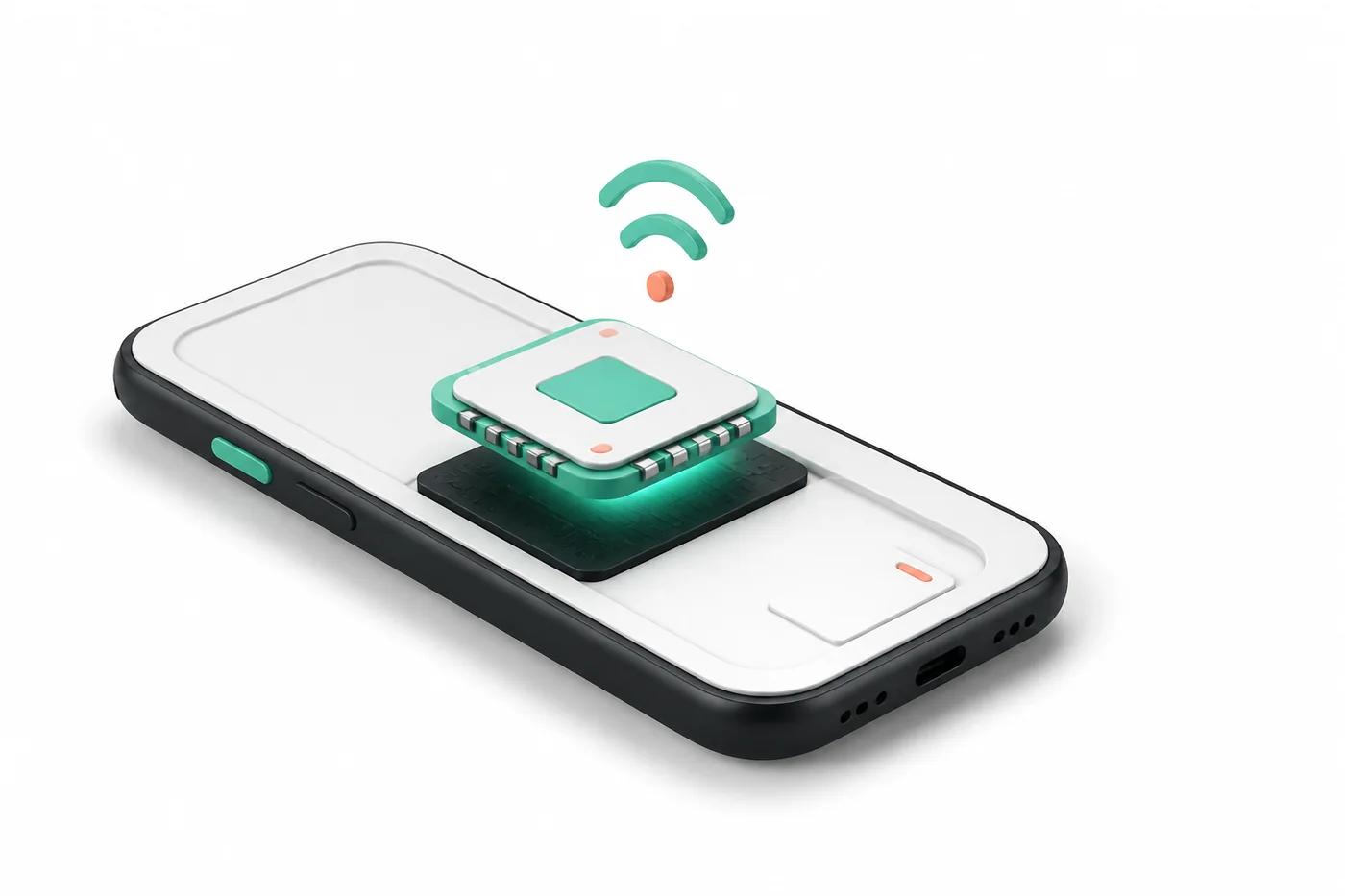 Ilustración de una eSIM digital Fylo junto a un teléfono móvil